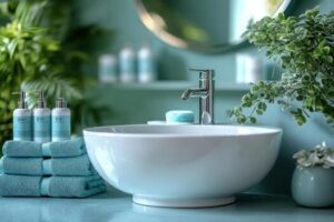 Modern Bathroom Interior With Sink Faucet Towels Soap And Green Plants Photo 300x200